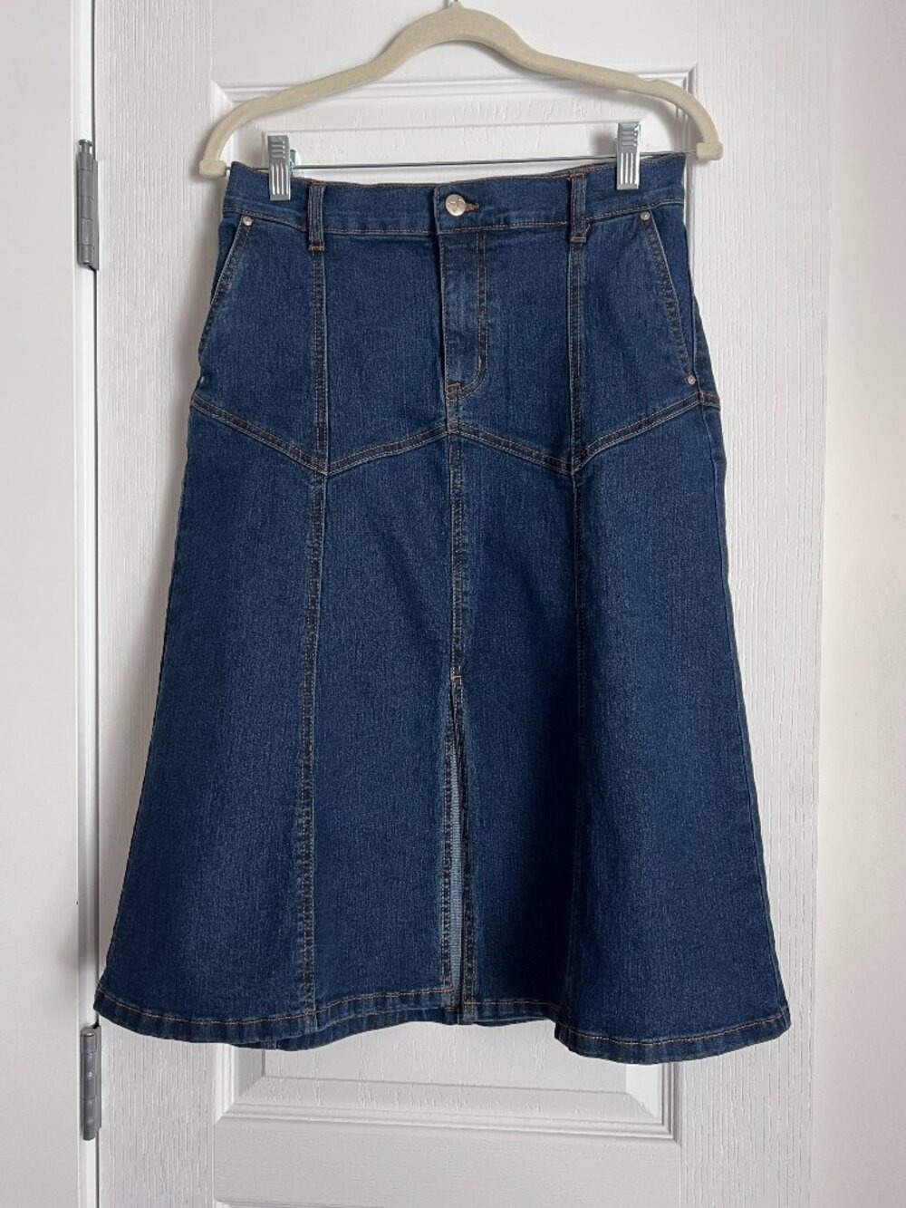 Jessica Simpson Blue Denim A-Line Midi Skirt Front Slit - Size 8
